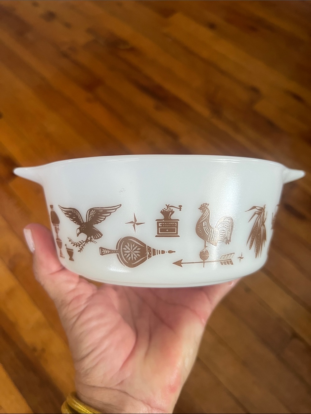 Pyrex Vintage New White Glass Mixing Bowl with Brown Farmhouse Motif